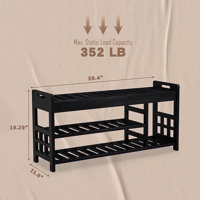 Wooden Shoe Rack with Bench Seat - Black Acacia Wood Entryway Organizer with Cushioned Top & Easy-Move Handles - Multi-Level Shoe Shelf (39.4 x 11.6X 19.29)-NeatNest