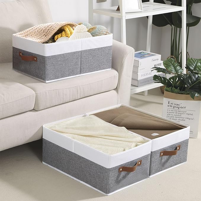 Clothing Storage Bins, Clothes Boxes with Handles, Baskets for Organizing, Fabric bins for Shelves, 13 × 9.1 × 5.5 inch, 4 Pack, White and Grey-NeatNest