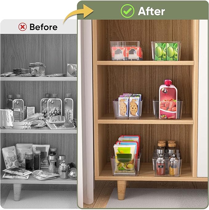 BALEINE Pantry Organizers and Storage Bins, Plastic Clear Storage Bins with 3 Removable Dividers, BPA-Free Fridge Organizers for Kitchen Cabinet Bathroom (10.5x6.1x3.5, 2PK)-NeatNest