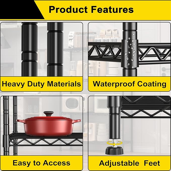 GIOTORENT 5-Wire Garage Shelving Storage Shelves, Kitchen Storage Adjustable Shelf, Metal Shelves 1600Lbs Capacity 36 Lx18 Wx72.2 H for Laundry Bathroom Pantry Closet, Black