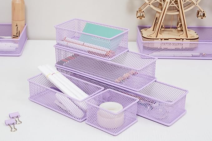 Annova Mesh Stackable Drawer Cabinet and Shelf Organizer Bins Storage Basket School Office Supply Holder Tray- Set of 2 (Light Purple, 3x12x2 Inch)-NeatNest