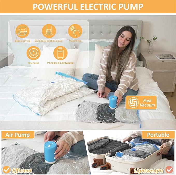 Vacuum Storage Bags with Electric Pump, 22 Pack (3 Jumbo/3 Large/8 Medium/8 Small) Vacuum Seal Space Saver Bags for Clothing, Pillows, Blanket, Bedding, Comforters-NeatNest