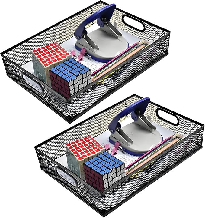 2 Pcs Heavy-Duty Metal Mesh Desk Organizer Tray, A4 Large Office Storage Box Set, 12.6X 9.1 x 2.8Inches, Large Capacity for Home and Office Supplies-NeatNest