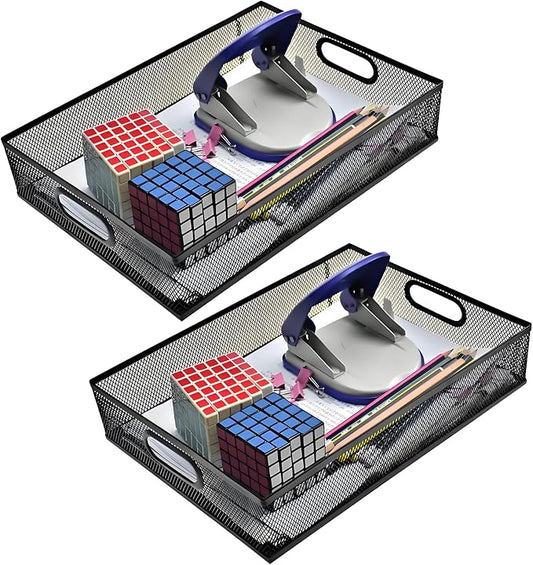 2 Pcs Heavy-Duty Metal Mesh Desk Organizer Tray, A4 Large Office Storage Box Set, 12.6X 9.1 x 2.8Inches, Large Capacity for Home and Office Supplies-NeatNest