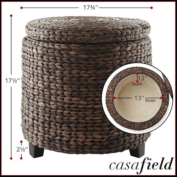 Casafield 17" Round Storage Ottoman with Lid - Espresso, Handwoven Water Hyacinth Footstool for Living Room, Bedroom, Bathroom, Home Office-NeatNest