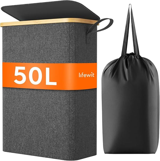 Lifewit 50L Slim Laundry Hamper with Lid, Narrow Laundry Basket with Removable Bag & Bamboo Handles, Fodable Thin Dirty Clothes Hamper for Laundry Collapsible Bin for Bathroom Bedroom Dorm, Dark Gray-NeatNest