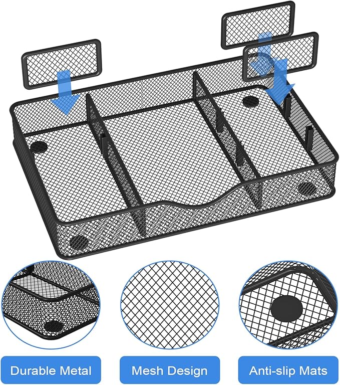 Desk Drawer Organizer, Metal Mesh Drawer Organizer Tray with 6 Adjustable Compartment, Tray Organizer for Desktop, Kitchen, Bathroom, Makeup, Vanity - 14.5x8.8x1.96 inch, Black, 1PC Large-NeatNest