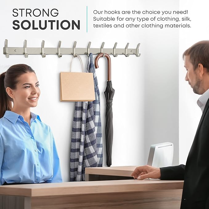 Coat Rack Wall Mount – Brushed Nickel 30 Inch Stainless Steel Hook Rail with 10 Heavy Duty Double Coat Hooks – Wall Mounted Coat Hanger for Entryway, Bathroom, Bedroom, Towel, Hat Organizer - 2 Pack-NeatNest