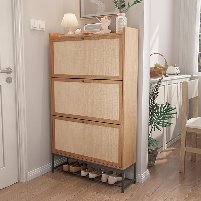 AVZEAR Narrow Shoe Storage Cabinet with 3 Flip Drawers, Freestanding Shoe Organizer Wooden Closed Shoe Rack, Slim Shoe Cabinet Storage for Entryway, Hallway, Living Room (Natural)-NeatNest