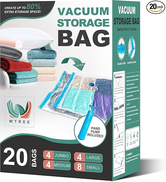 20 Pack Vacuum Storage Bags, Space Saver Bags, Vacuum Sealed Bags for Comforters, Blankets, Clothes Storage, Hand Pump Included (4 Jumbo/4 Large/4 Medium/8 Small)-NeatNest