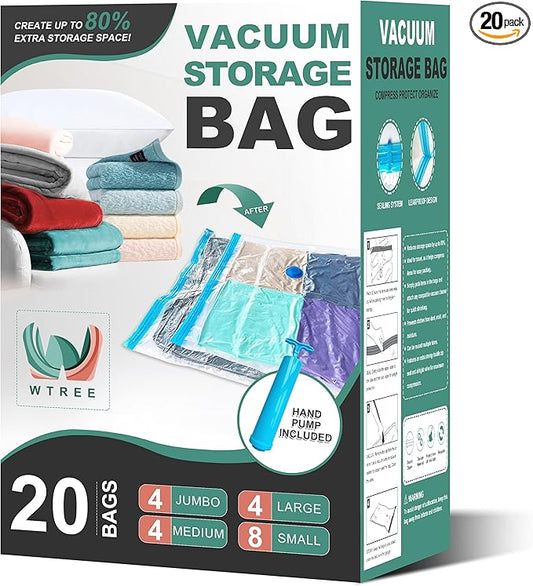 20 Pack Vacuum Storage Bags, Space Saver Bags, Vacuum Sealed Bags for Comforters, Blankets, Clothes Storage, Hand Pump Included (4 Jumbo/4 Large/4 Medium/8 Small)-NeatNest
