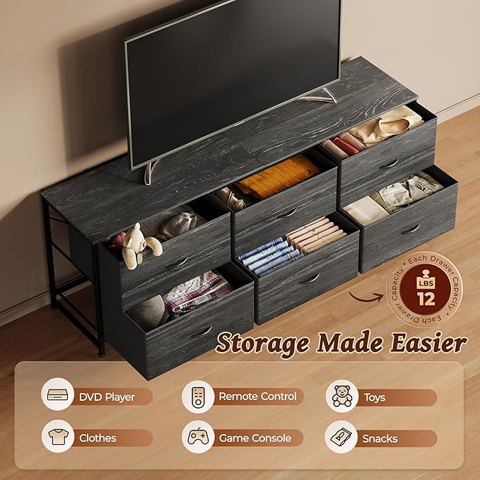 Huuger 63 Inch Long Dresser for Bedroom, TV Stand for 55, 65, 70 Inch TV, 6 Drawer Dresser for Closet with Fabric Drawers, Storage Organizer for Bedroom, Entryway, Charcoal Black Wood Grain Print-NeatNest
