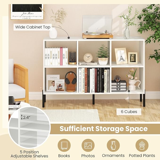 6 Cube Bookcase, Wood Storage Organizer with 5 Metal Legs, Bookshelf with Storage, Cubical Storage Shelf, Wooden Book Shelf, Display Shelves for Bedroom, Living Room, Entryway (White)