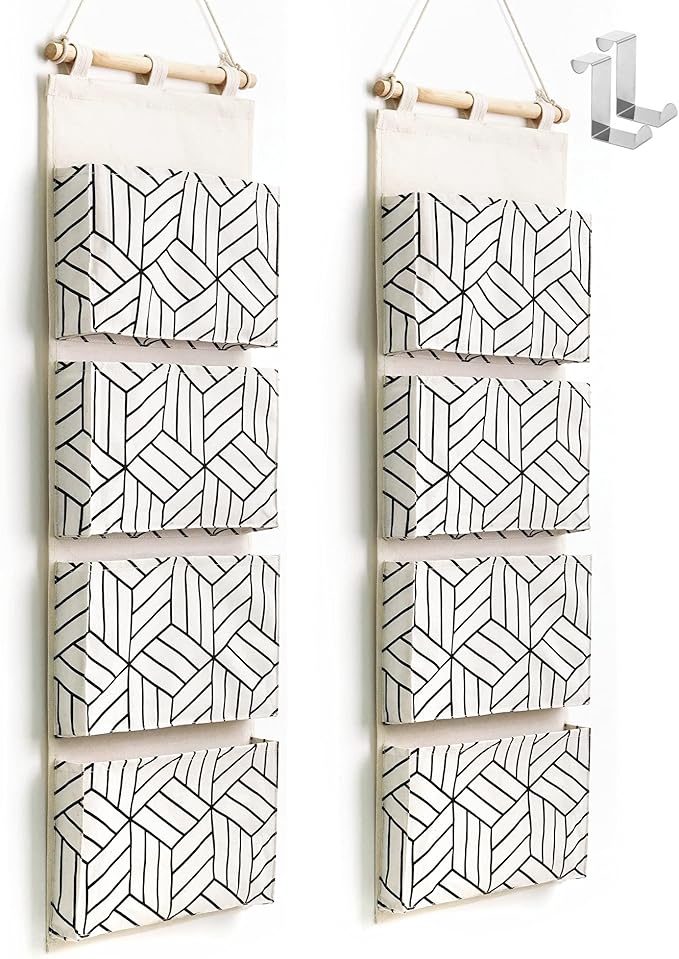 CROWNED 2Pcs Over Door Hanging Storage Bags Wall Mount Closet Organizer, 4 Big Pockets Linen Cotton Fabric Living Room Bedroom Bathroom File Magazine Waterproof Free Hooks White-NeatNest