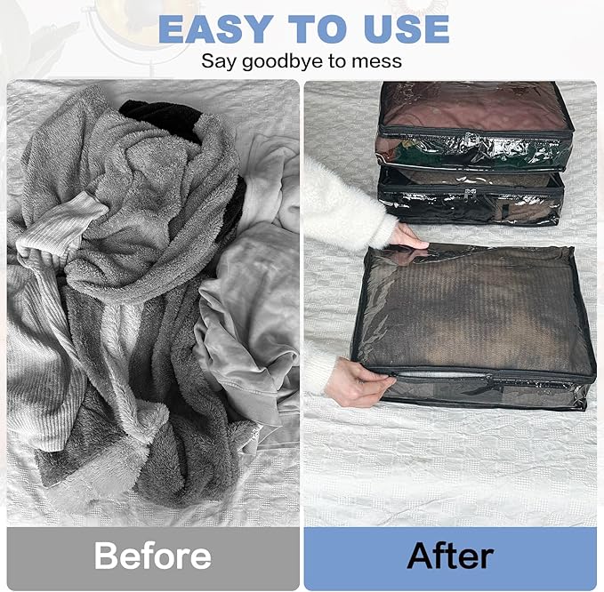 Clear Zippered Storage Bags Plastic Sweater Storage Bags with Zipper 6 Packs Clothing Organizer for Blankets Linen Sweater Bed Sheet Quilt Clothes Pillow (12 x 12 x 4 Inch, Black)-NeatNest