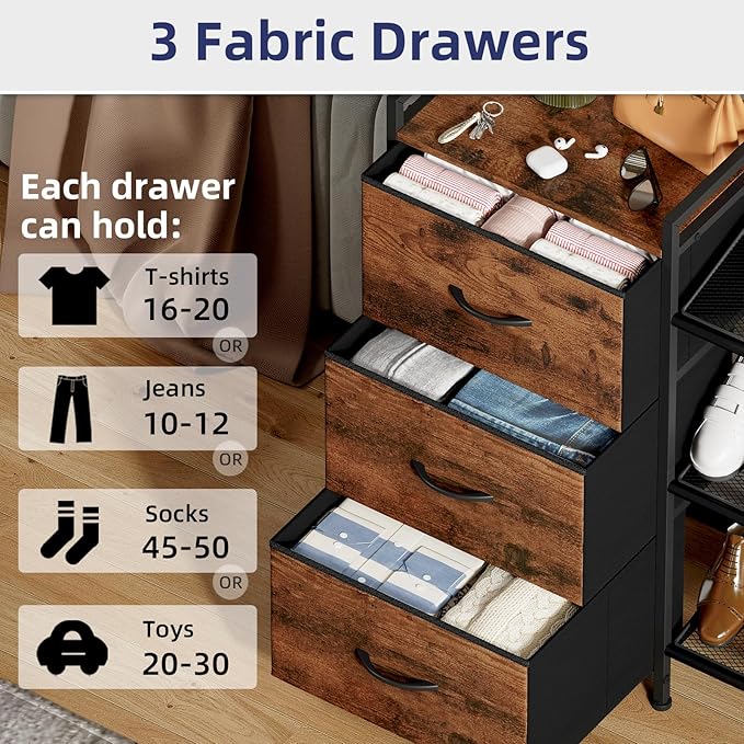 Somdot Shoe Rack, 3 Tier Shoe Organizer with 3 Drawers, Metal Shoe Storage Shelf for 6-9 Pairs of Shoes, Narrow Shoe Rack for entryway, Wood Grain Print-NeatNest