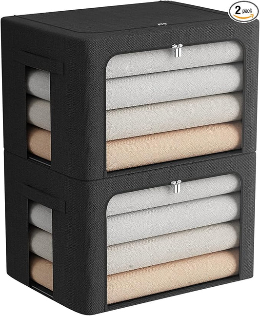 2 Pack Clothes Storage Bins Stackable Metal Frame Storage Box Foldable Linen Fabric Box Organizer with Carrying Handles and Clear Window (Black, 15.7x 11.8x 11.7 Inch)-NeatNest