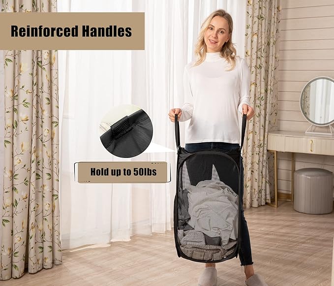 HOUSE AGAIN Mesh Popup Laundry Hamper, [Reinforced] Collapsible Laundry Basket, Foldable Pop Up Hamper with Durable Handles, Easy to Open and Fold for Dorm, Laundry Room, Bedroom, Travel, (Black)-NeatNest