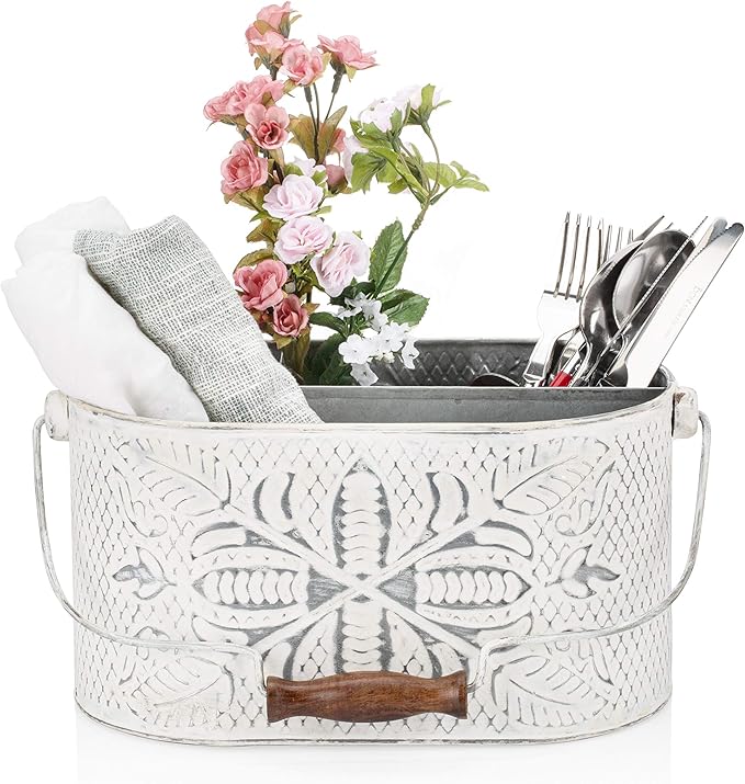 CRAFTSMAN ROAD Distressed White Metal Caddy – Farmhouse Galvanized Kitchen Organizer with Handle – Vintage Rustic Multi-Compartment Holder for Napkins, Plates, Cutlery, Flatware, Cleaning Supplies-NeatNest