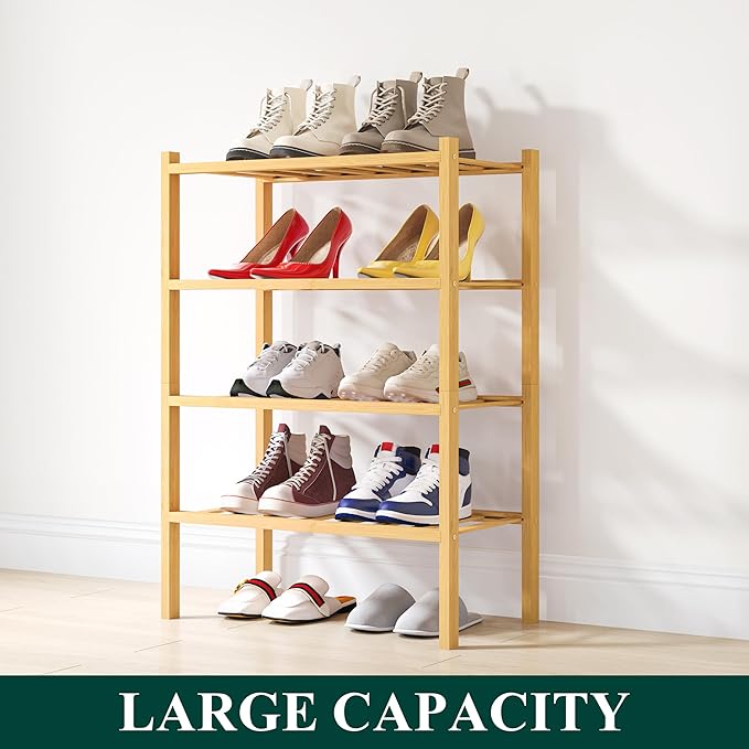 Smiry Shoe Rack, 4 Tier Small Bamboo Shoe Organizer, Stackable Free Standing Wooden Shoe Storage Shelf for Closet, Entryway, Front Door Entrance, Natural-NeatNest