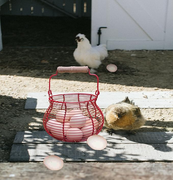 LINCOUNTRY. Farmhouse Wire Egg Basket for Gathering Fresh Eggs with Handle,Red Rustic Round Egg Collecting Baskets for Fresh Egg Container Refrigerator Countertop Holder Kitchen Storage Bin