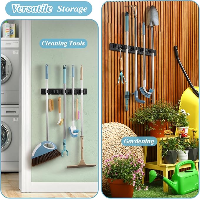 Black Broom Holder Wall Mount - Heavy Duty Wood Mop and Broom Organizer with 5 Slots & 4 Hooks - Sturdy Garden Tool Hanger for Laundry Room Closet Kitchen Garage Storage and Organization-NeatNest