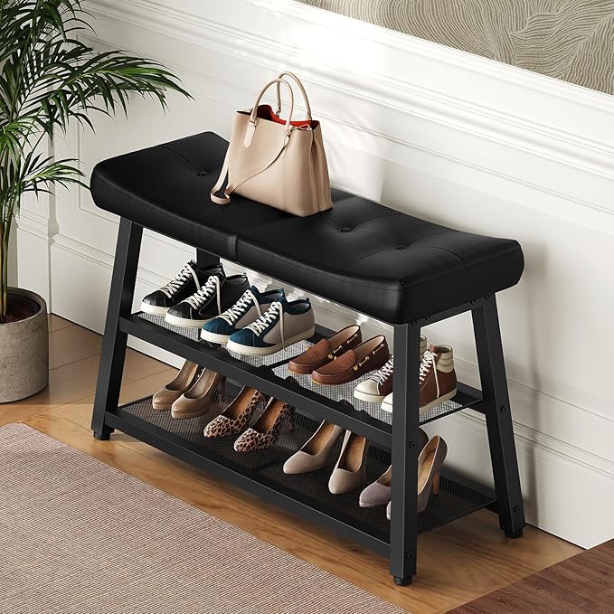 Shoe Bench, 3-Tier Shoe Rack, Entryway Bench with Storage and Cushion, for Hallway, Foyer, Bedroom, Black HX02BB