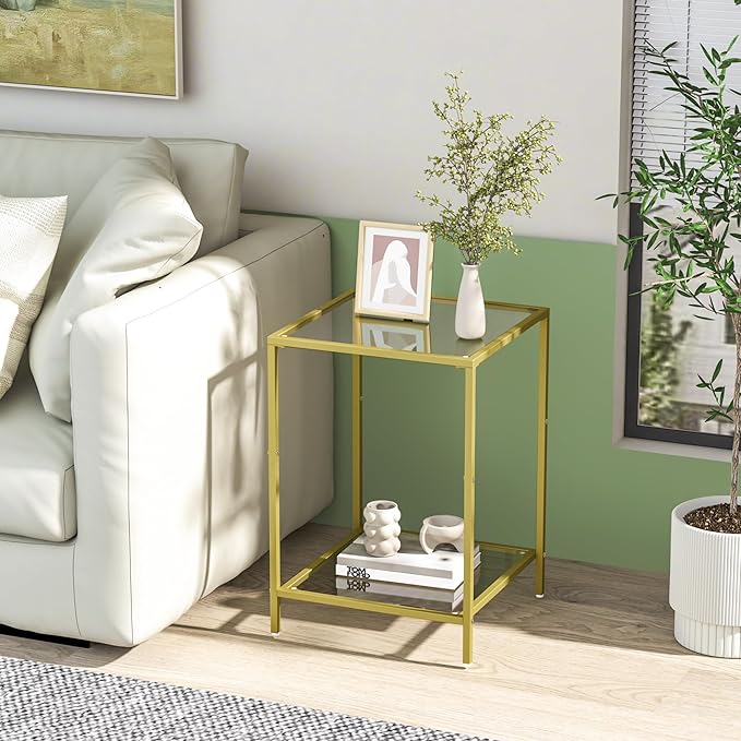 Side Tables Set of 2, End Table with Tempered Glass, 2-Tier Nightstands with Storage Shelves, Coffee Table with Modern Style, Square Sofa Table for Living Room, Bedroom, 15.7"D x 15.7"W, Golden