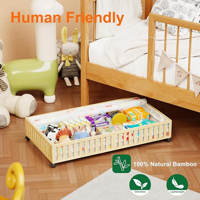 2Pack Bamboo Under Bed Storage Containers, UnderBed Storage with Wheels & 90L Large Capacity Dust Bag, Sturdy Rolling Under Bed Clothes Storage for Shoes Toy Book, Nature (37.48" × 20.08")-NeatNest