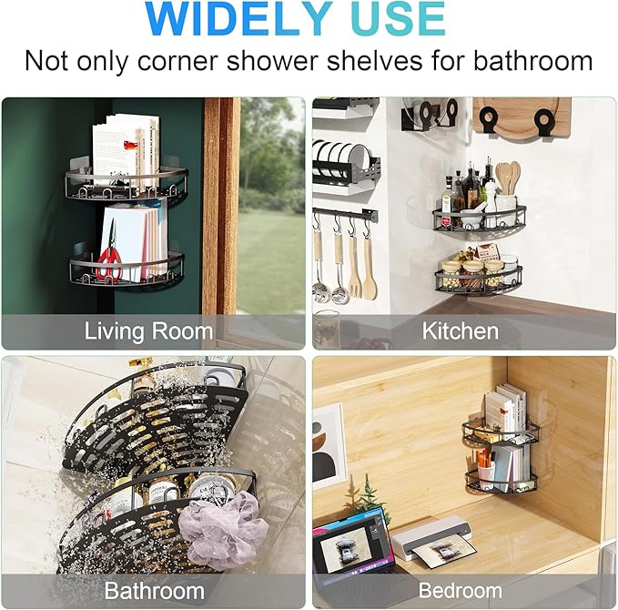Corner Shower Caddy, 2 Pack Adhesive Bathroom Shower Corner Organizer Shelf, No Drilling Rustproof Wall Mounted Shower Storage Rack Shampoo Holder Organizer (Black)