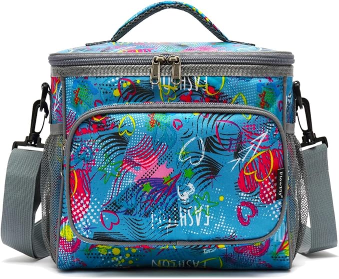 FlowFly Insulated Reusable Lunch Bag Adult Large Lunch Box for Women and Men with Adjustable Shoulder Strap,Front Zipper Pocket and Dual Large Mesh Side Pockets,Heart-NeatNest