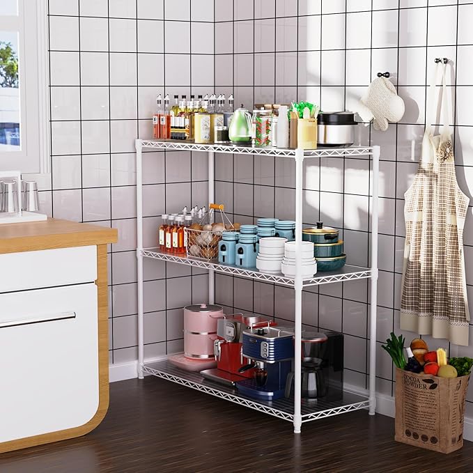 3 Tier NSF Wire Shelf Shelving Unit, 18 x 48 x 48 Inch 1050lbs Capacity Heavy Duty Adjustable Storage Metal Rack with Leveling Feet & Shelf Liners, Ideal for Garage, Kitchen, Office and More - White