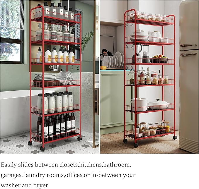 6-Tier Storage Cart Wire Slim Shelving Shelf with Wheels for Small Spaces, Rolling Tall Organizer Storage for Bathroom, Kitchen, Home, Garage, Bedroom, Closet (Red, 10“D)