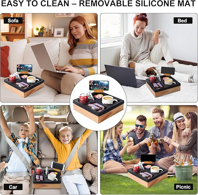 Couch Cup Holder Tray – Spill-Proof Wooden Sofa Organizer with Silicone Insert for Snacks, Drinks, Remote & Phone, Waterproof Caddy for Bed, Car, RV & Living Room (Black)-NeatNest