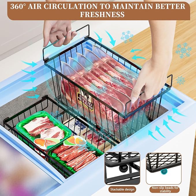 5 Pack Stackable Deep Freezer Organizer Bins ，Upgraded Bottom Leak-Proof net，Encryption and Hardening ， Freezer Organizer Bins for 7 Cu.FT Small Chest Freezer， Easy Get Bottom Foods