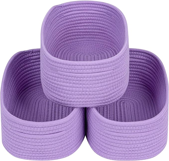 CubesLand Small Storage Baskets for Shelves, Closet Organization Storage Bins Empty Gift Basket 3 Packs Baby Nursery Woven Baskets for Organizing, Rectangular Clothes Closet Shelves Baskets Purple-NeatNest
