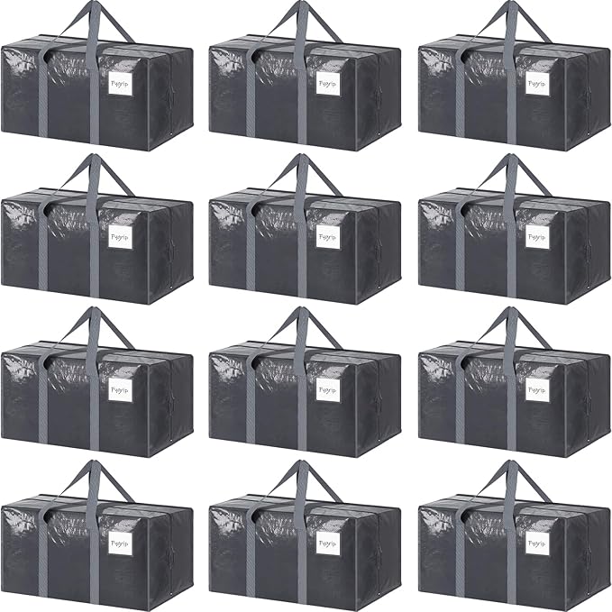 12 Pack Extra Heavy Duty Large Moving Bags with Strong Zipper & Comfortable Handles, Sturdy & Durable Clothes Storage Bags Totes Bins, Packing Moving Boxes for College Supplies, Gray-NeatNest