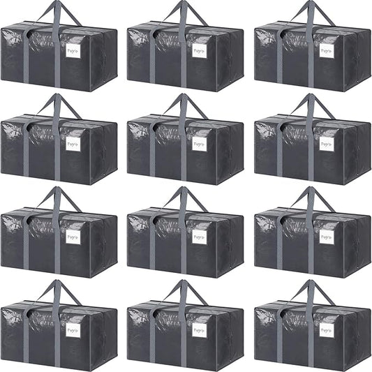 12 Pack Extra Heavy Duty Large Moving Bags with Strong Zipper & Comfortable Handles, Sturdy & Durable Clothes Storage Bags Totes Bins, Packing Moving Boxes for College Supplies, Gray-NeatNest