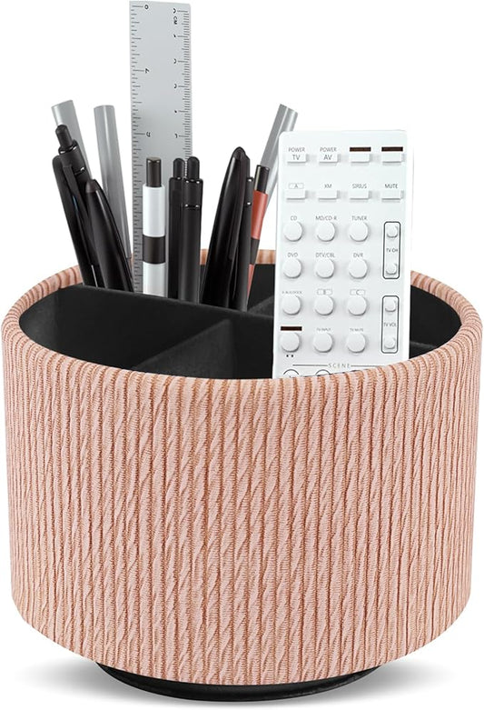 Hennaja Round Leather Art Supply Organizer,Remote Control Holder,360 Degree Spinning,Multi-Functional Pencil Holder,4 Compartments Desktop Stationary Organizer(1-Wood Apricot)-NeatNest