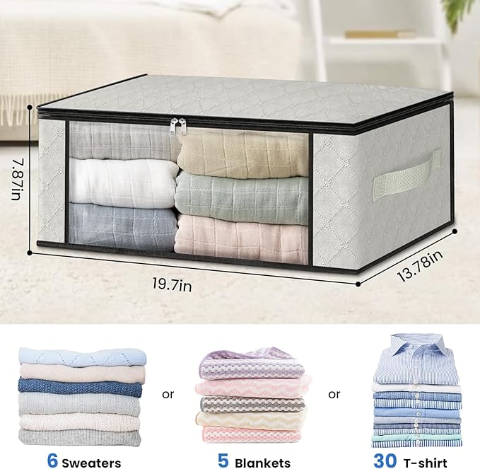 HomeHacks Storage 8-Pack Clothes Organizer Storage Bags Foldable Storage Box with Large Clear Window Sturdy Handles for Closet, Dorm, Pillows, Bedding, Clothes, Blankets, 35L, Ivory-NeatNest