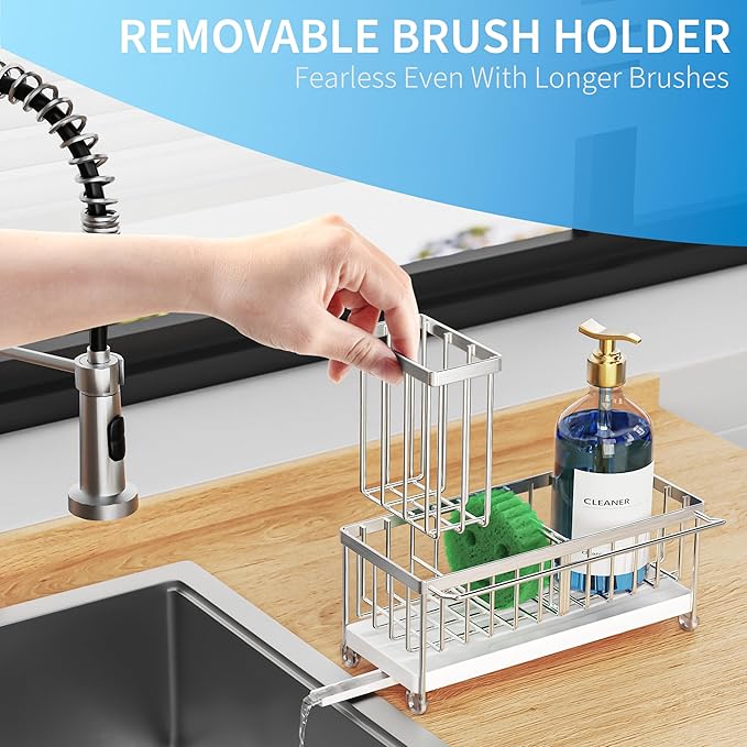 Cisily Stainless Steel Sponge Holder for Kitchen Sink with Towel Rack, Sink Caddy with Kitchen High Brush Holder, Organzier Rustproof 304 Stainless Steel Dish Organizer Divider, Soap Dispenser Storage-NeatNest
