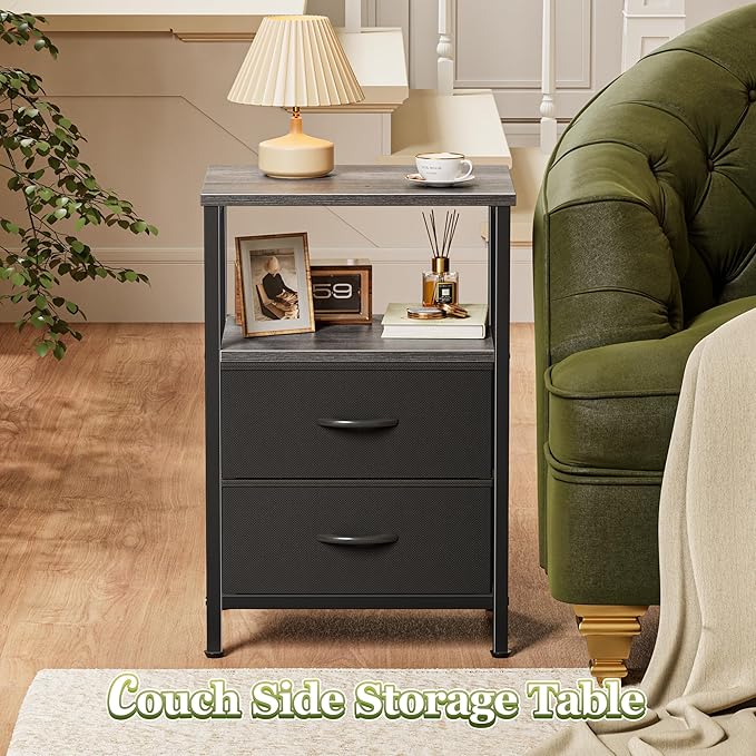 Huuger Night Stand with 2 Drawers, Bed Side Table with Open Shelf, Wooden Top, Nightstand for Bedroom, End Table for Small Space, Fabric Drawer, Grey