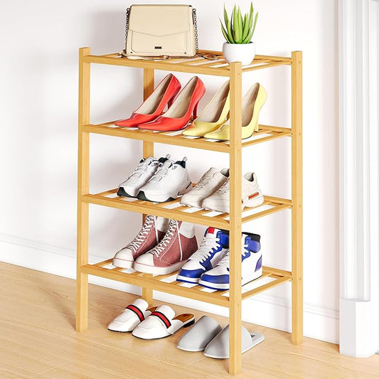Smiry Shoe Rack, 4 Tier Small Bamboo Shoe Organizer, Stackable Free Standing Wooden Shoe Storage Shelf for Closet, Entryway, Front Door Entrance, Natural-NeatNest