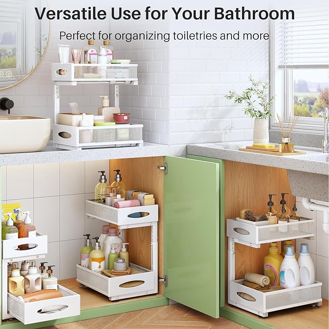 Under Sink Organizer, 2 Tier Pull out Cabinet Organizer Baskets with Mesh Sliding Drawers, Slide out Storage Shelf for Home, Kitchen, Bathroom, Pantry, Office Cabinet(1 Pack, White)-NeatNest