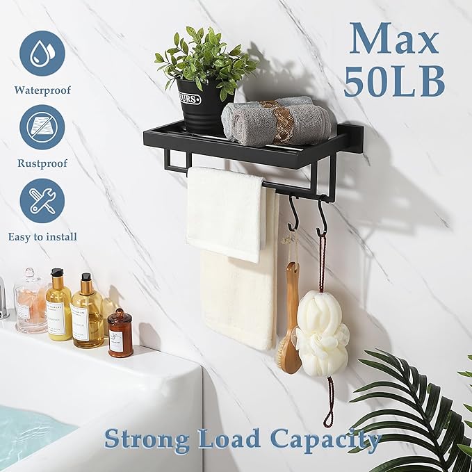 Alise 16 Inch Towel Racks for Bathroom, Towel Rack Wall Mounted with Double Towel Bars, SUS 304 Stainless Steel Towel Shelf, Heavy Duty Hand Towel Holder(Matte Black)