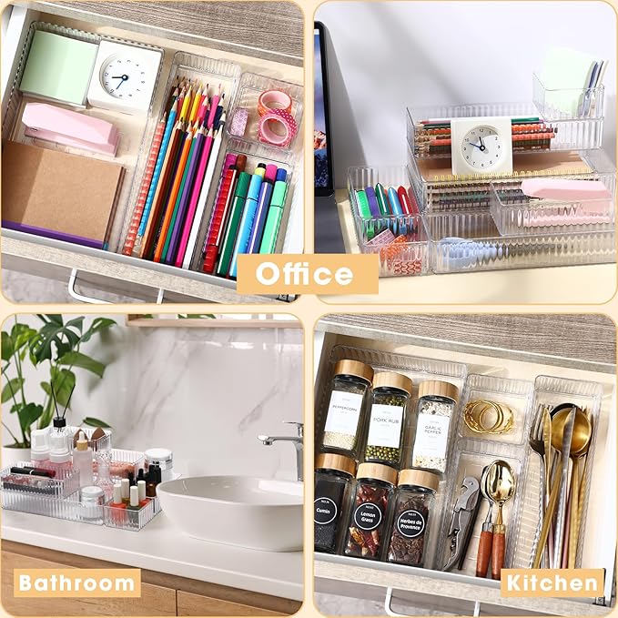18 Pcs Clear Drawer Organizer Stackable 4 Size Clear Makeup Drawer Organizer Trays Acrylic Bathroom Vanity Storage Bins for Cosmetic, Jewelries, Office Supply, Kitchen Utensils(Stripes)