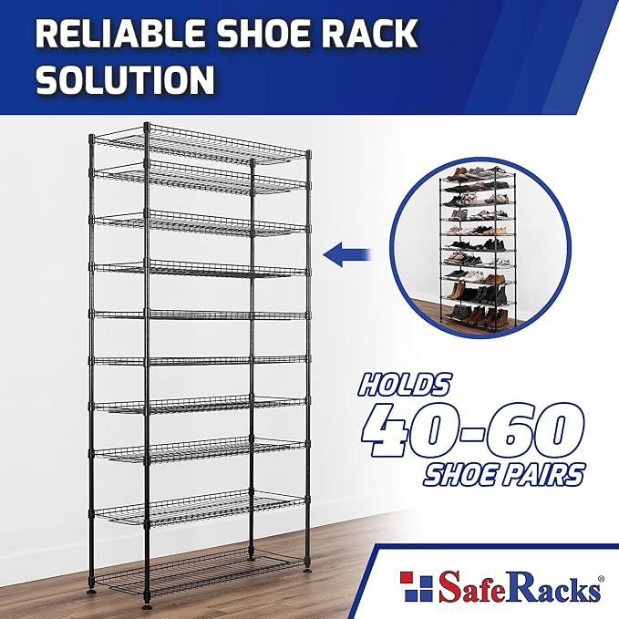 SafeRacks 10-Tier Shoe Rack - Black, Large Shoe Storage Organizer, 60 Pair, Heavy Duty Shoe Stand with Vertical Free Standing Shoe Shelf, Perfect for Entryway, Closet, Garage, & Bedroom Storage-NeatNest