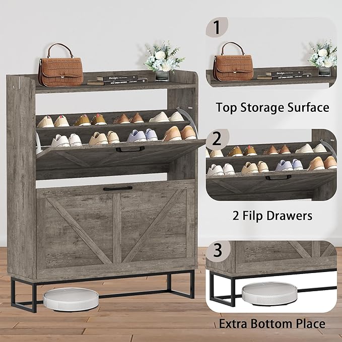Hidden Shoe Storage Cabinets with 2 Flip Drawers and Metal Legs, Freestanding Narrow Shoe Organizer Rack for Entryway, Rustic Grey-NeatNest