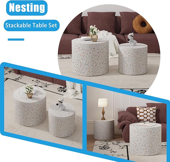 Nesting Coffee Table Set of 2, Modern Round Coffee Table with Non-Slip Feet, Wooden Circle Accent Tables for Small Spaces Living Room Bedroom Balcony Office Drum Side Table (C Terrazzo)
