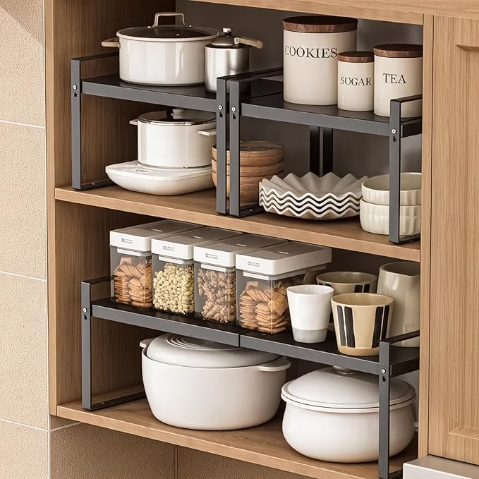Expandable Cabinet Shelf, Lengths Adjustable Shelf Organizer Riser, Metal Space-Saving Cupboard Organizers for Kitchen Cabinet Pantry Cupboard Under Sink Countertop, Black-NeatNest